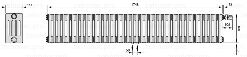 Схема (чертеж) Радиатор Zehnder Charleston 5040/38 №V008 Белый глянцевый RAL 9016